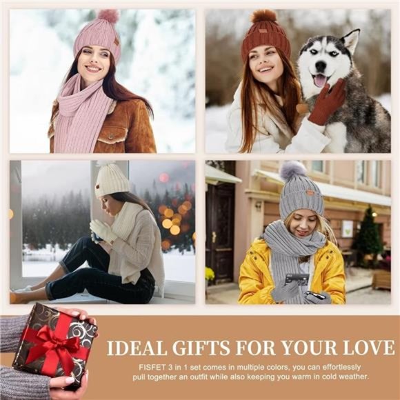 Winter Beanie Hat Scarf Gloves Set for Women, 3 in 1 Set